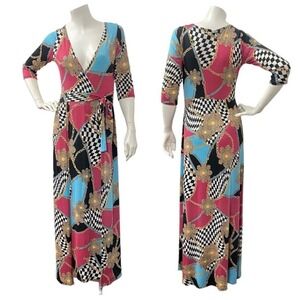 Gibiu Geometric Chain Print Maxi Dress Wrap Style 3/4 Sleeve Equestrian Casual